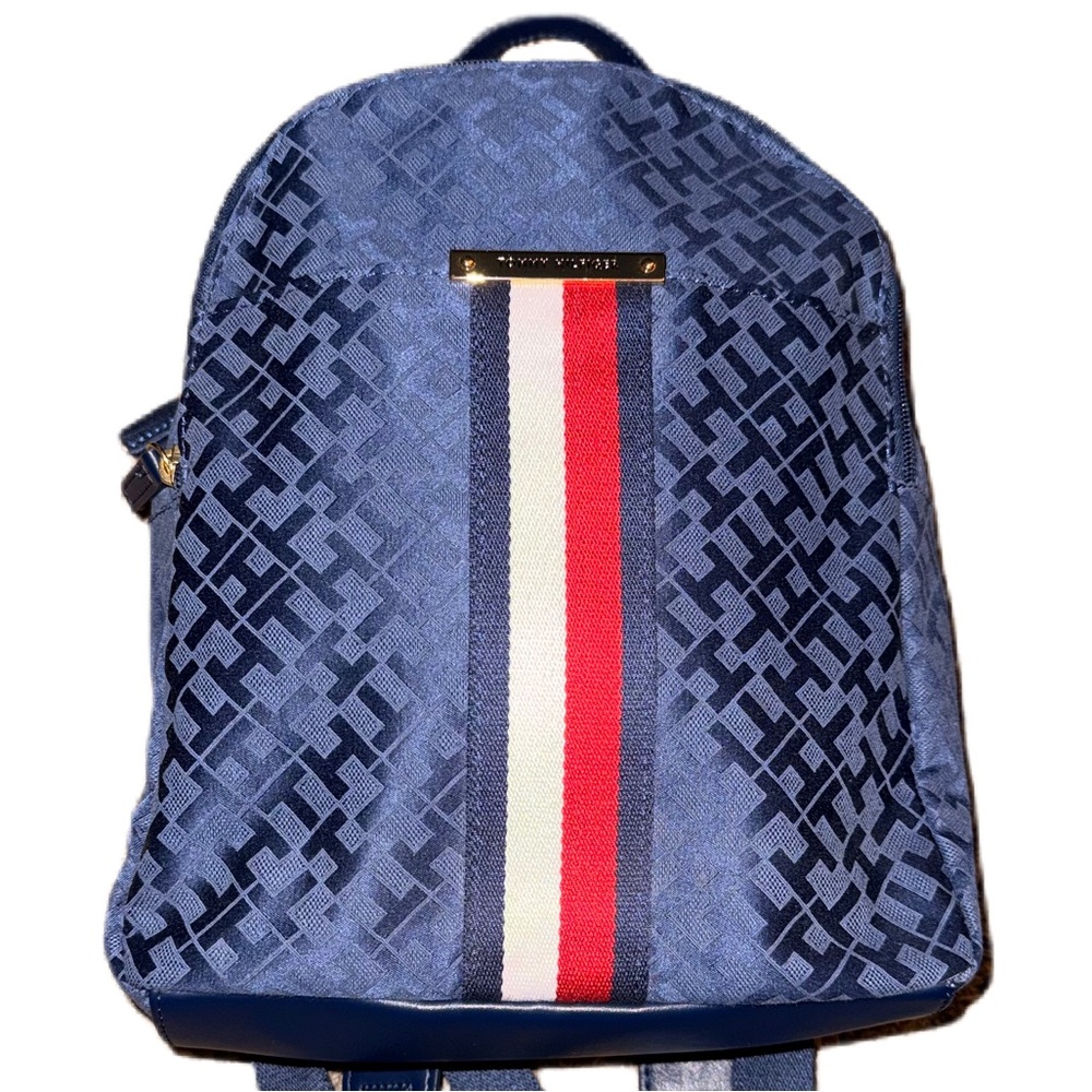 Tommy Hilfiger Backpack Monogram Logo Purse Zipper Pockets Navy Blue Gold Medium - Picture 10 of 10